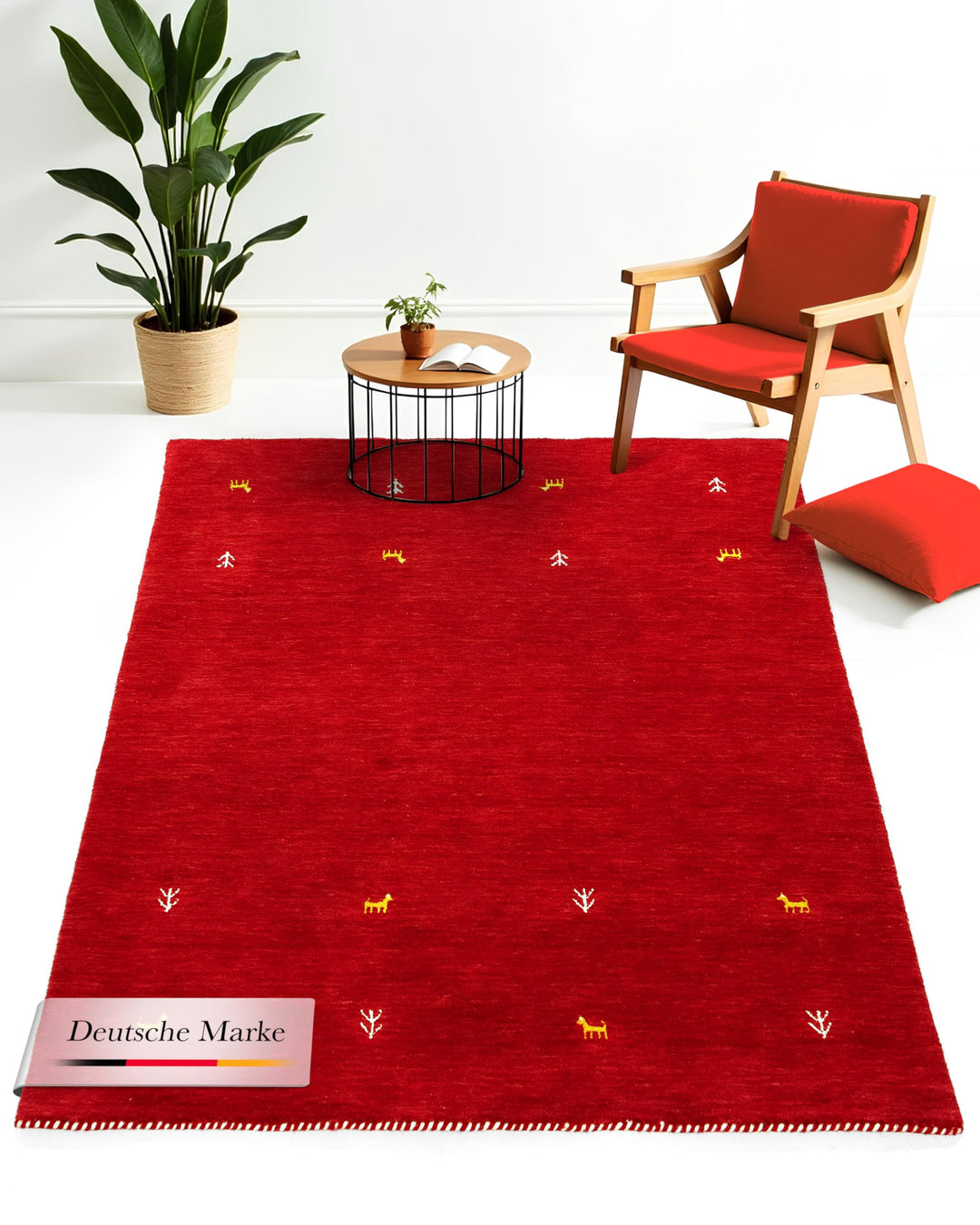 carpetfine Wollteppich Gabbeh Uni Rot 60x90 cm | Moderner Teppich für Wohn- und Schlafzimmer Rot 60