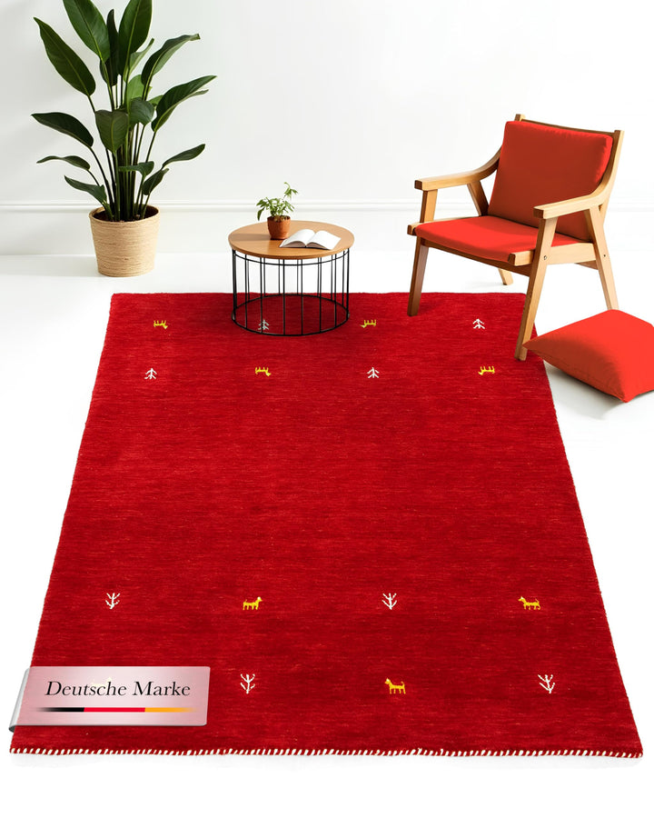 carpetfine Wollteppich Gabbeh Uni Rot 60x90 cm | Moderner Teppich für Wohn- und Schlafzimmer Rot 60