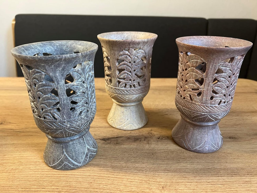 Bitto Weihrauchbrenner Windlicht Softstone Madurai Höhe 13 cm, Ø 9 cm mit Edelstahlsieb Ø 9 cm Fair