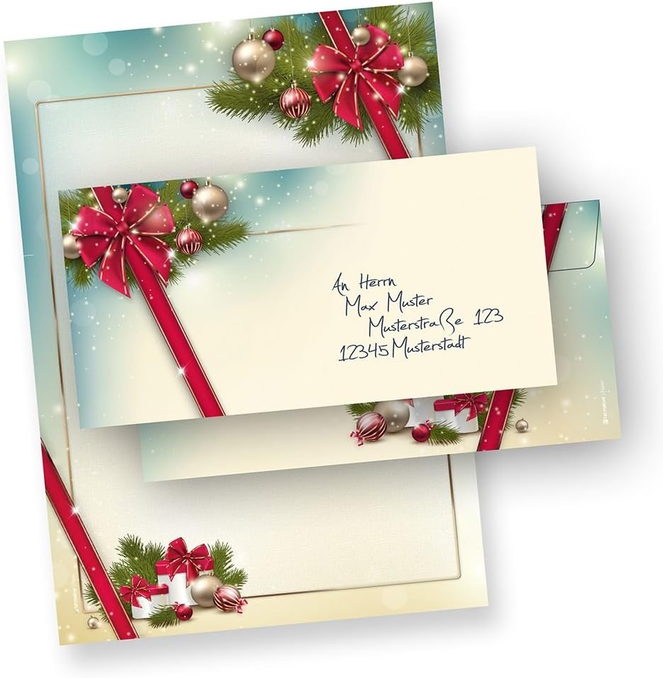 Briefpapier Weihnachten Set ROTE SCHLEIFE (250 Sets ohne Fenster) Weihnachtsbriefpapier mit Umschlag