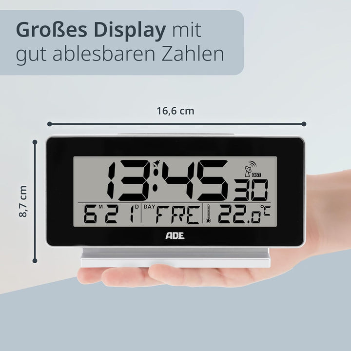 ADE Funkwecker digital mit Batterie | Tischuhr mit Temperaturanzeige, Beleuchtung, Schlummerfunktion