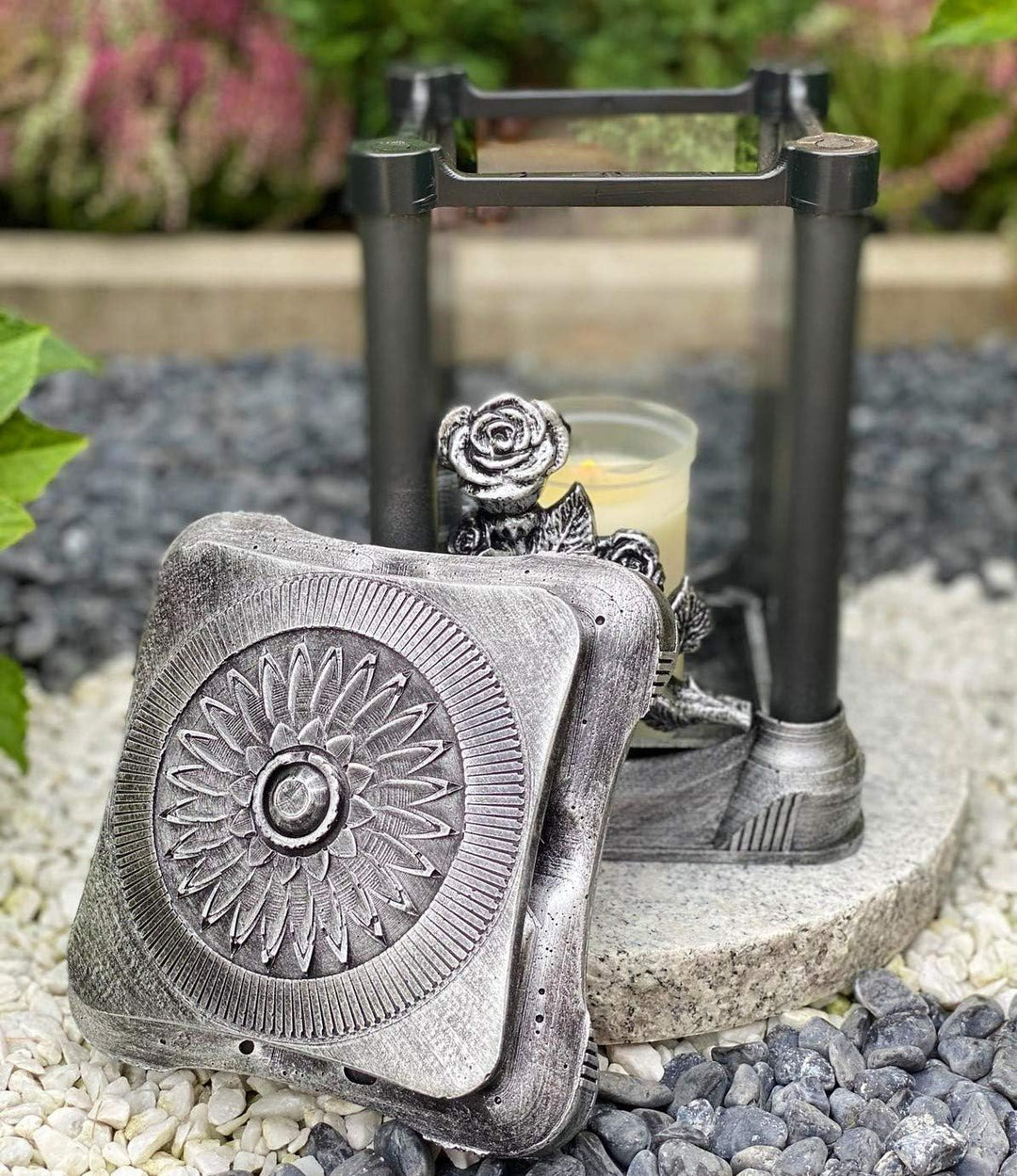 Grablampe Handmade NEU Rose-Motiv Silber Grablicht Grabkerze Grabdekoration Grabschmuck Gartenlampe