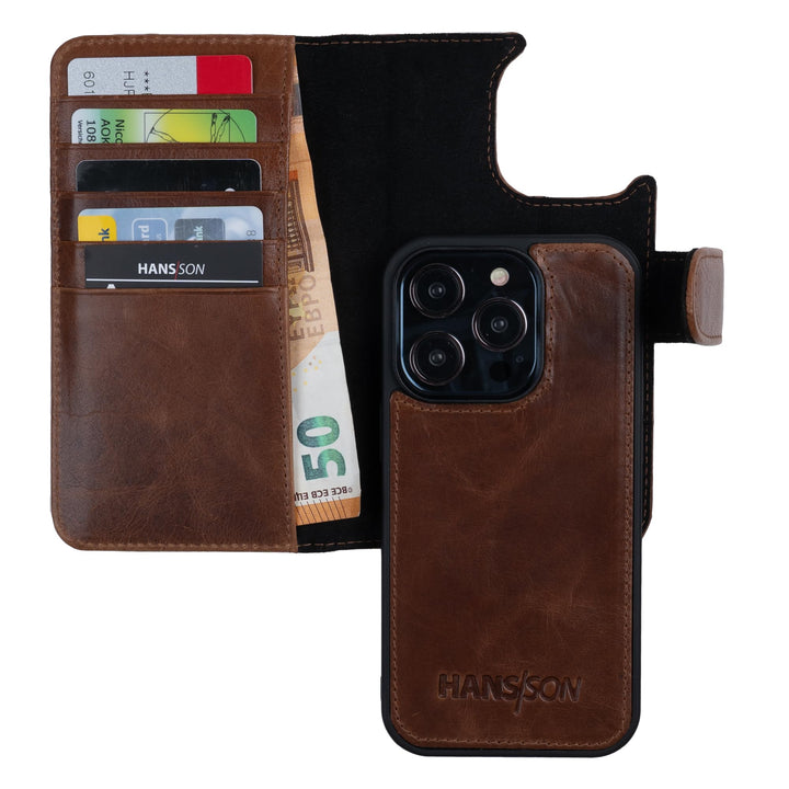 HANS/SON Klappbare Echtlederhülle in Cognac | iPhone 14 Pro Max Ledercase mit Kartenfächern | Lederh