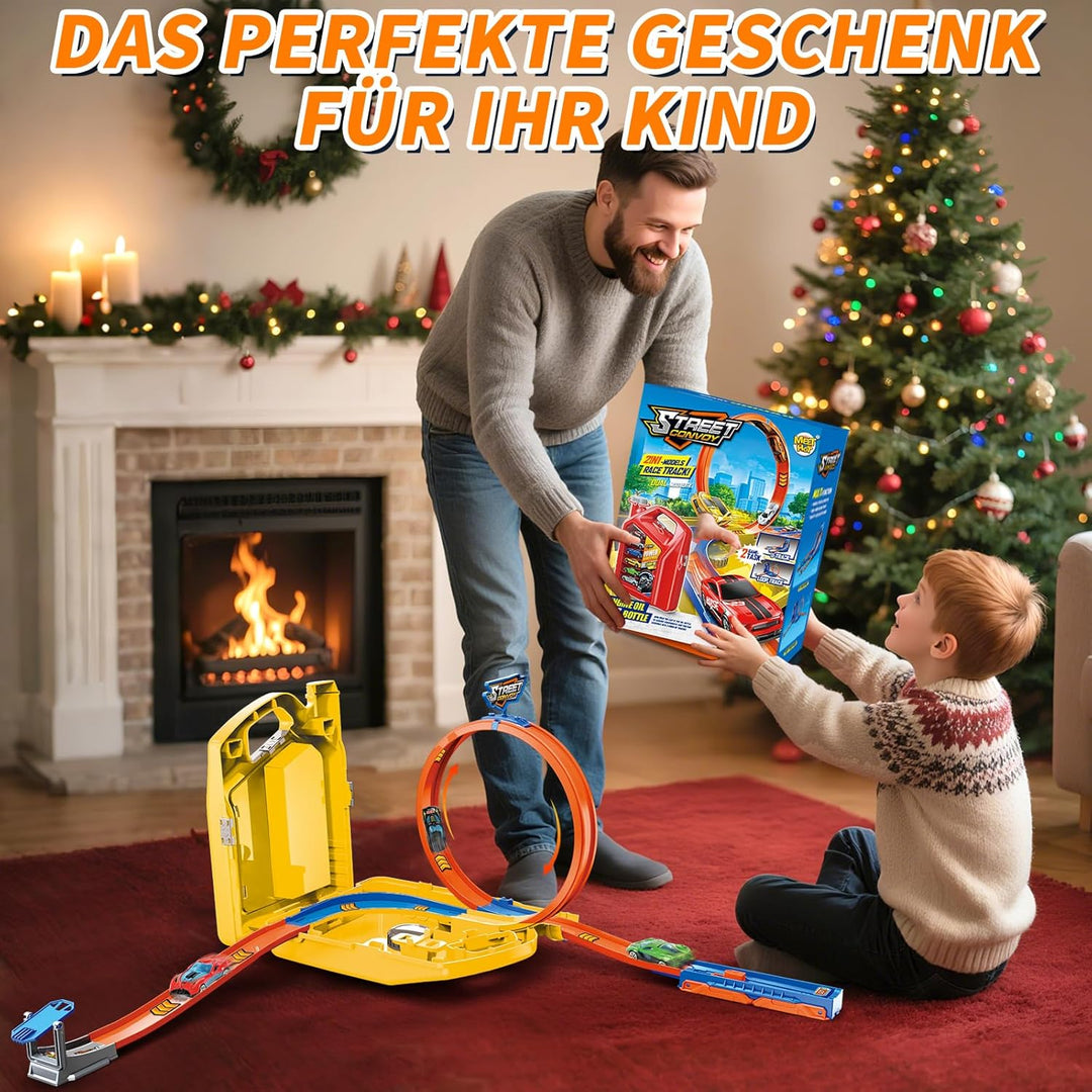Autorennbahn für Kinder, Rennstrecke Auto Spielzeug mit 6 Autos, Aufbewahrungsbox, Auto Rennbahn Mit