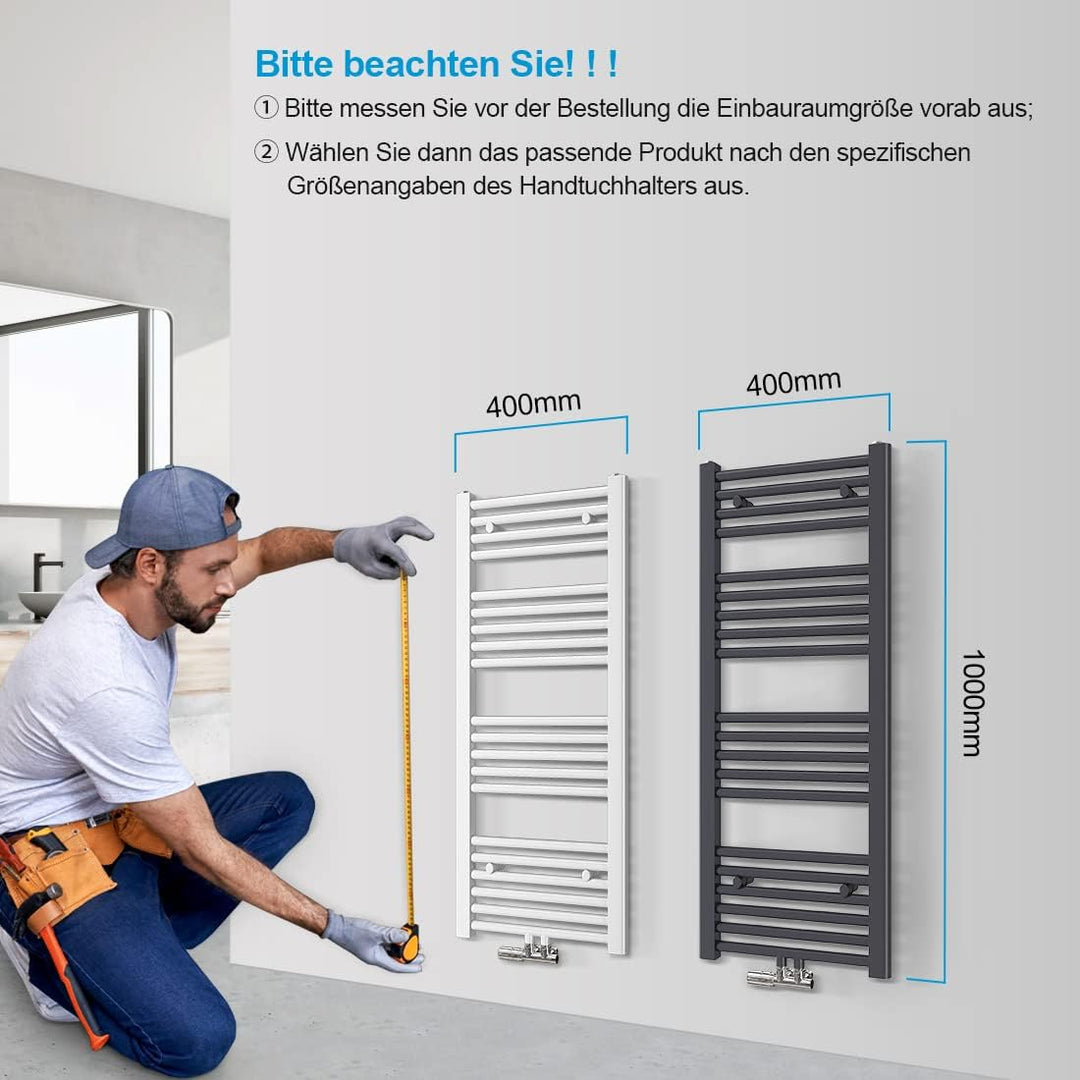 Heilmetz® Handtuchtrockner 40 x 100 cm Badheizkörper Mittelanschluss Heizkörper Bad Handtuchwärmer H
