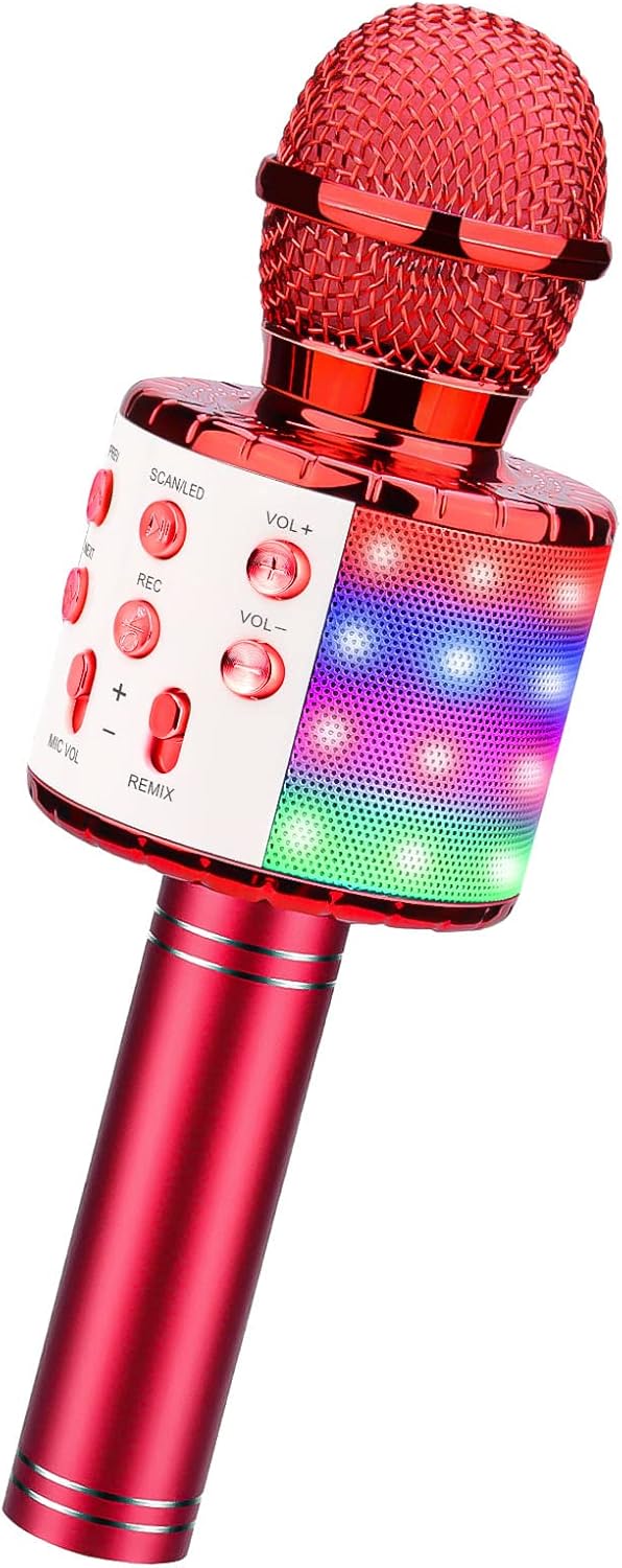 ShinePick Kabelloses Karaoke-Mikrofon, Bluetooth, tragbar, mit LED-Licht, Disco für Kinder/Erwachsen