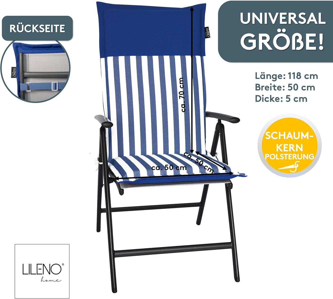 LILENO HOME Gartenstuhl Auflagen als [2er Set - Hochlehner] in Streifen Dunkelblau - Uni Dunkelblau