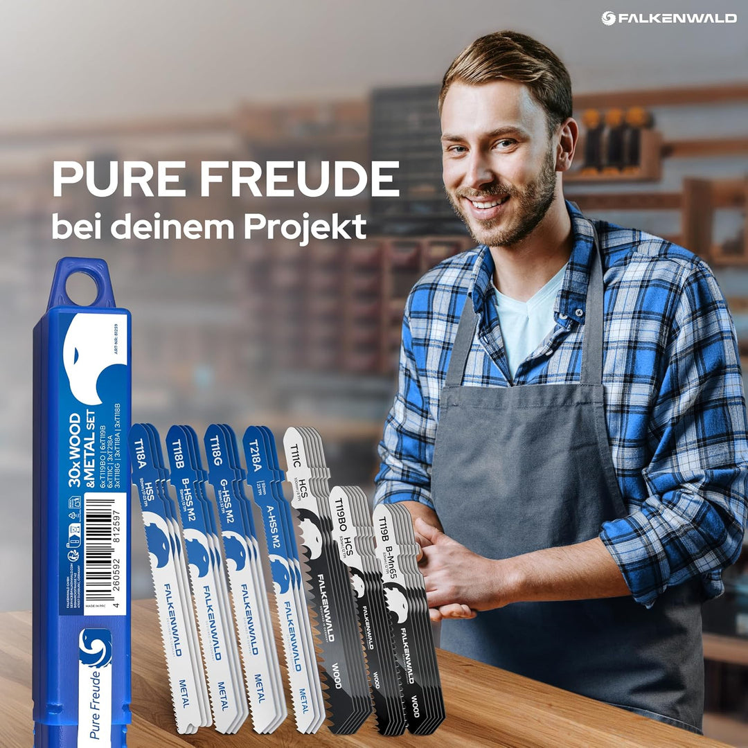 FALKENWALD® Stichsägeblätter Set 30tlg 18x Holz + 12x Metall - T-Schaft HCS, HSS &amp; Bi-Metall - Für W