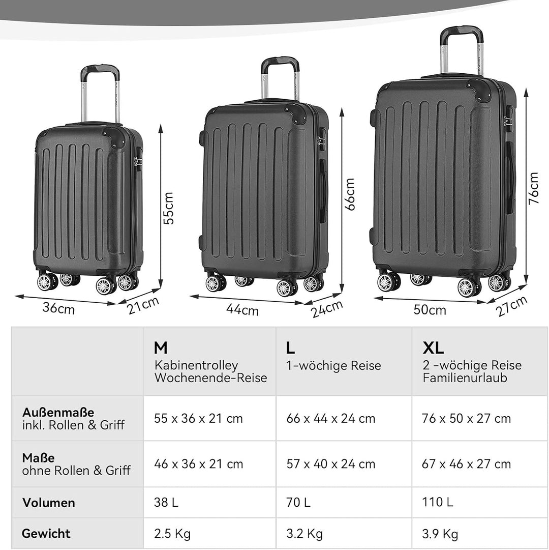 BEIBYE Hartschalen-Koffer Trolley Rollkoffer Reisekoffer Handgepäck 4 Rollen (M-L-XL-Set) (Schwarz,