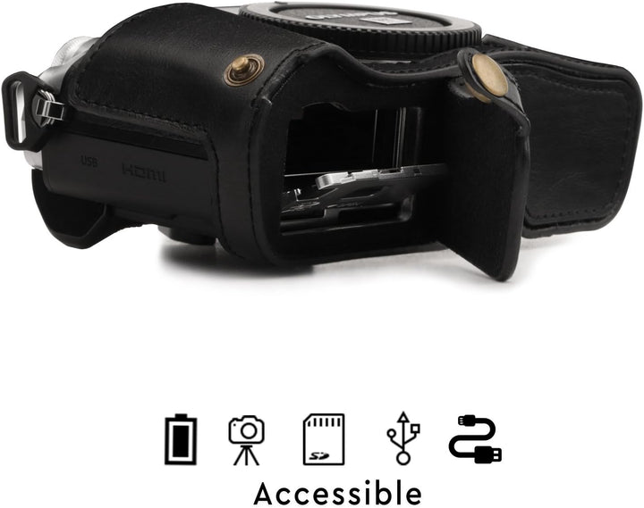 MegaGear Ever Ready Leder Kamera Halbtasche mit Trageriemen kompatibel mit Olympus OM-D E-M10 Mark I