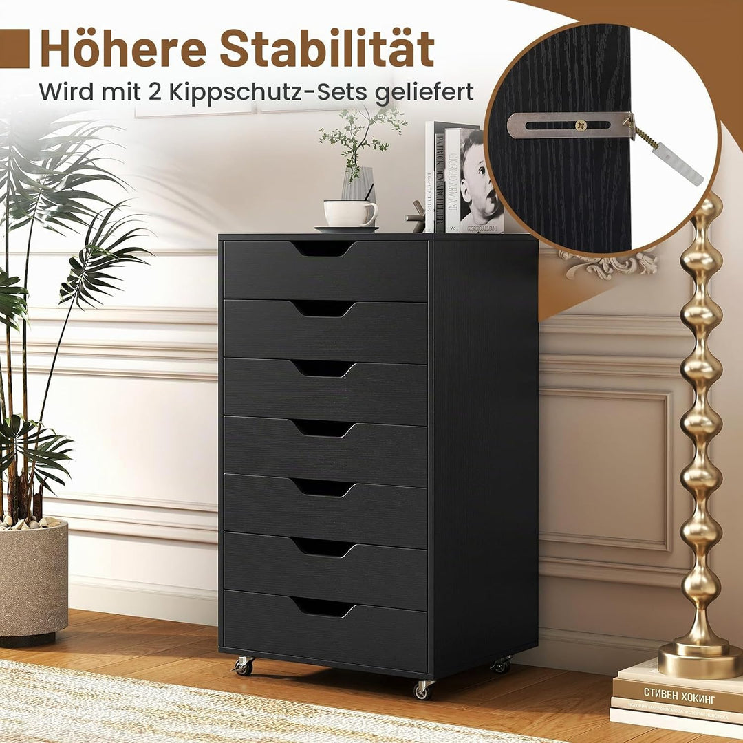 GIANTEX Rollcontainer mit 4 Schubladen &amp; 2 Schränke, Aktenschrank mit Rollen, Schubladenschrank Holz