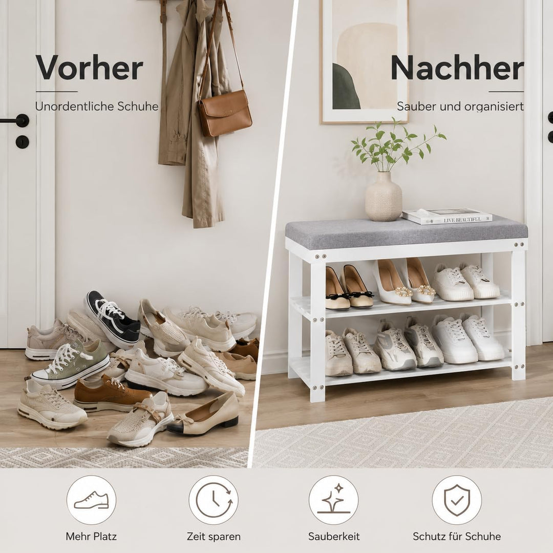 APICIZON Bambus Schuhbank, Schuhregal mit 3 Ebenen, 70×28×50cm, Schuhschrank mit Gepolstertem Sitz f