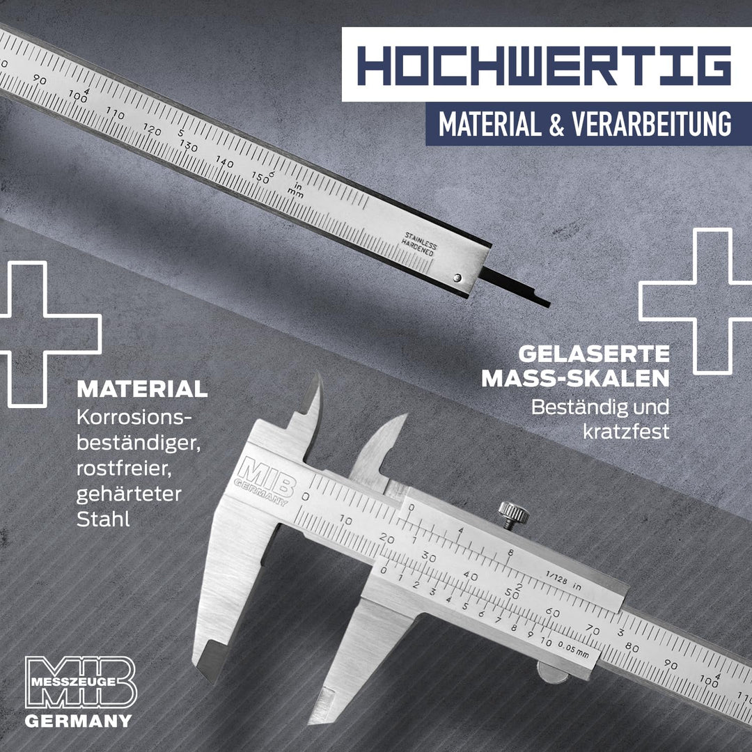 MIB Messschieber mit Feststellschraube DIN 862 200mm | Schieblehre rostfreier Stahl | Analog Messsch