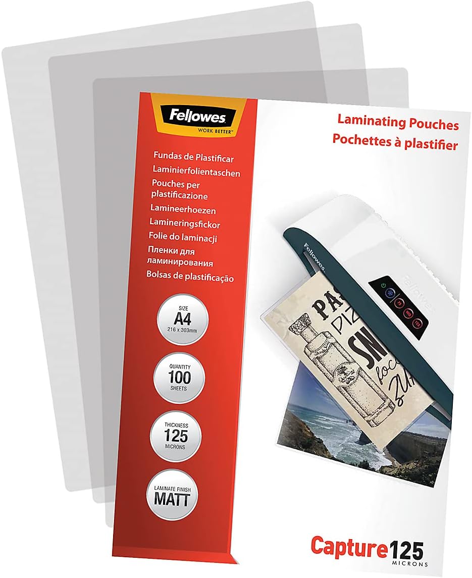 Fellowes matte Laminierfolien A4, entspiegelt, 125 Mikron (2 x 125mic), 100 Stück