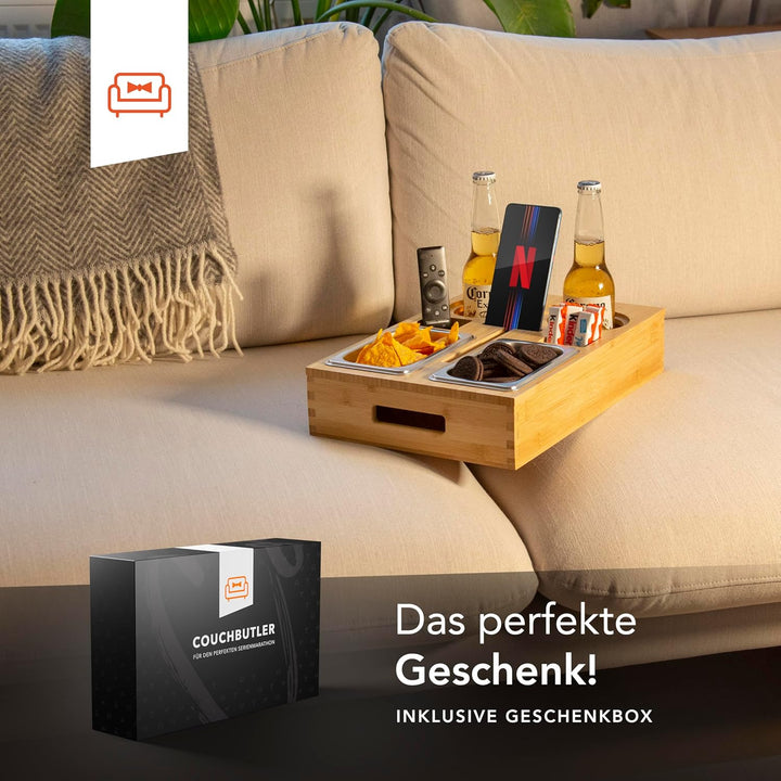 NewHabitat | Couchbar - Personalisierbare Snackbox aus Bambus mit Gravur | Sofa Tablett mit 2 Snacks
