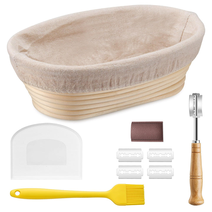 HaWare Gärkörbchen, 25cm Gärkorb Oval Brot Set mit Futter, Bäckermesser, Teigschaber und Backpinsel,