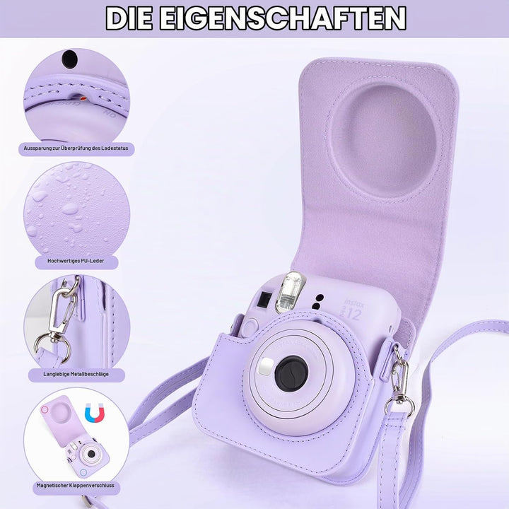 HIYQIN Kamera Tasche Kompatibel mit Fujifilm Instax Mini 12, Ästhetisch Kunstleder Hülle mit Mini Fo