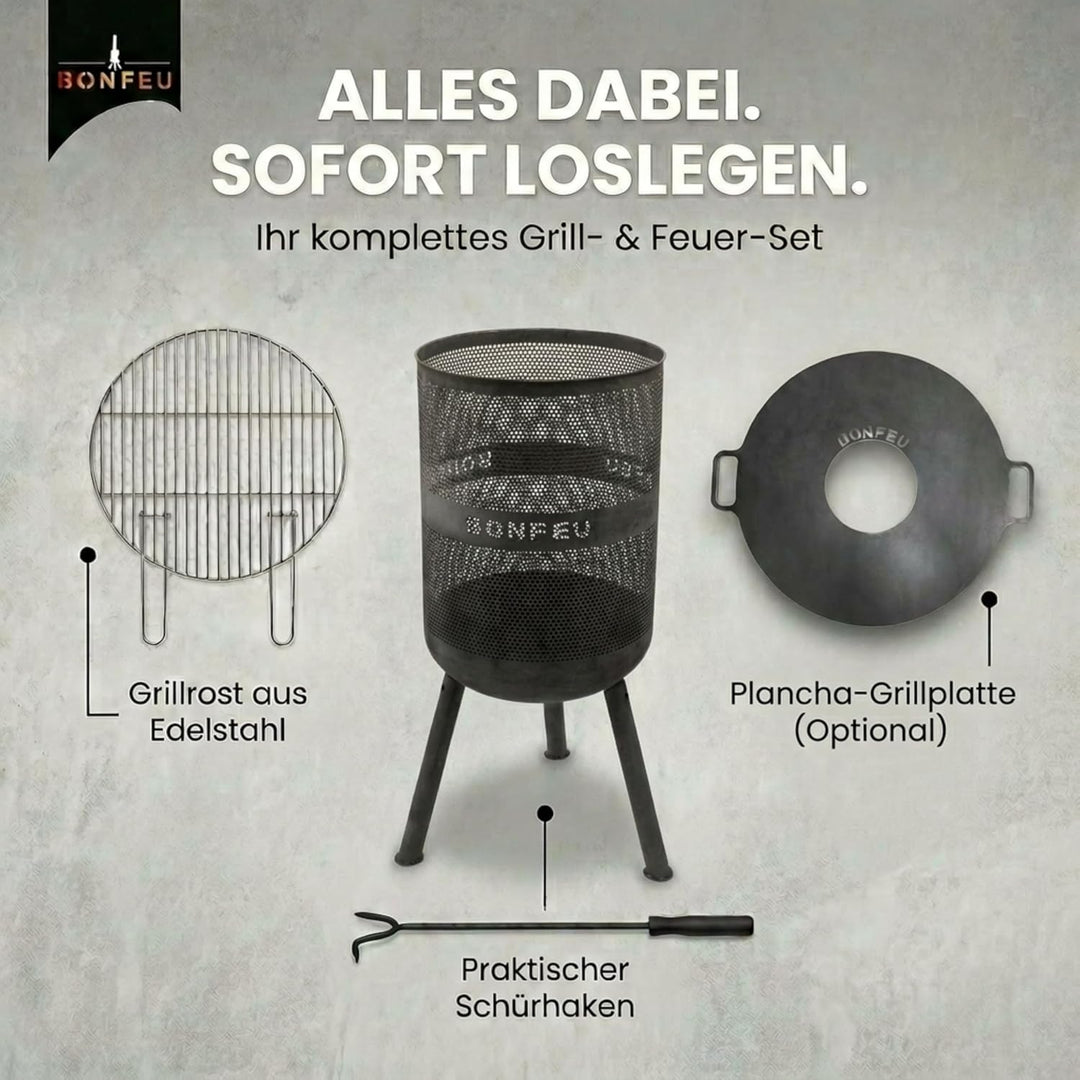 BonFeu Bonves Ø45cm Schwarz - Feuerkorb für den Garten - Feuertonne & Feuerstelle - aus stabilem Sta