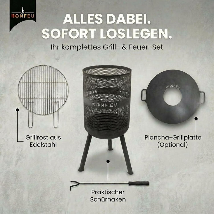BonFeu Bonves Ø45cm Schwarz - Feuerkorb für den Garten - Feuertonne & Feuerstelle - aus stabilem Sta
