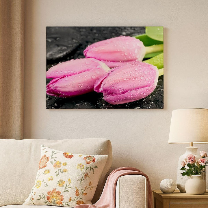 Bilder auf Leinwand 100x70cm Leinwandbild Tulpen Tau Steine Pflanze Gross Wanddeko Bild Schlafzimmer