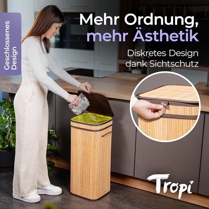 Tropi® Bambus Müllsackständer für Gelbe Säcke – 80L Gelber Sack Ständer mit Deckel & Sichtschutz – E