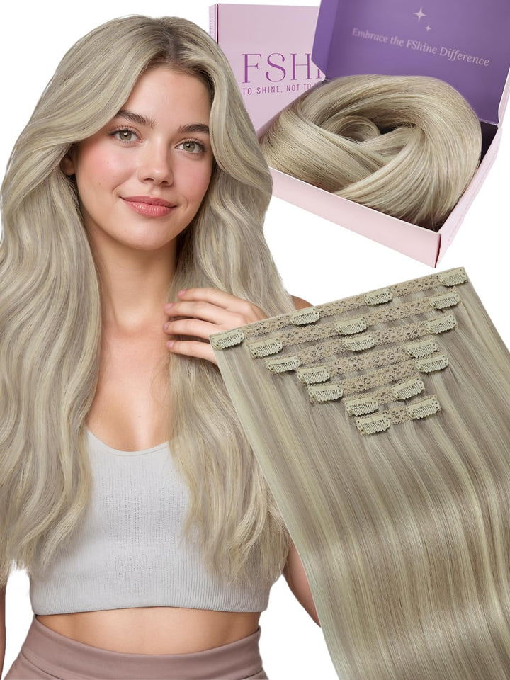 Fshine Echthaar Extensions Clip 35cm 120g Aschblondes Highlight mit Bleichblond Clip in Extensions E