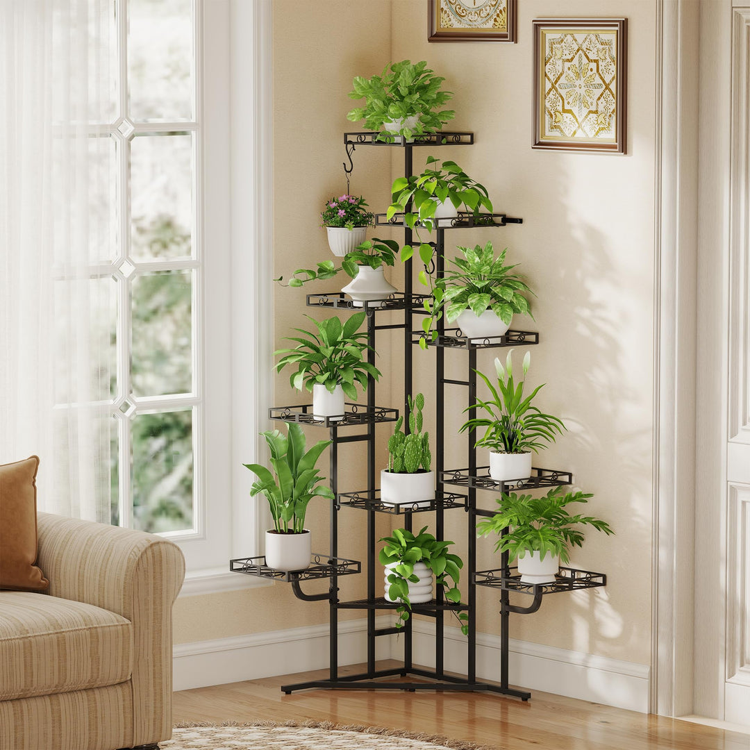 Quikraen 9 Ebenen Blumenständer, Pflanzenständer, 150cm, Metall, Schwarz | L-förmiges Design Pflanze