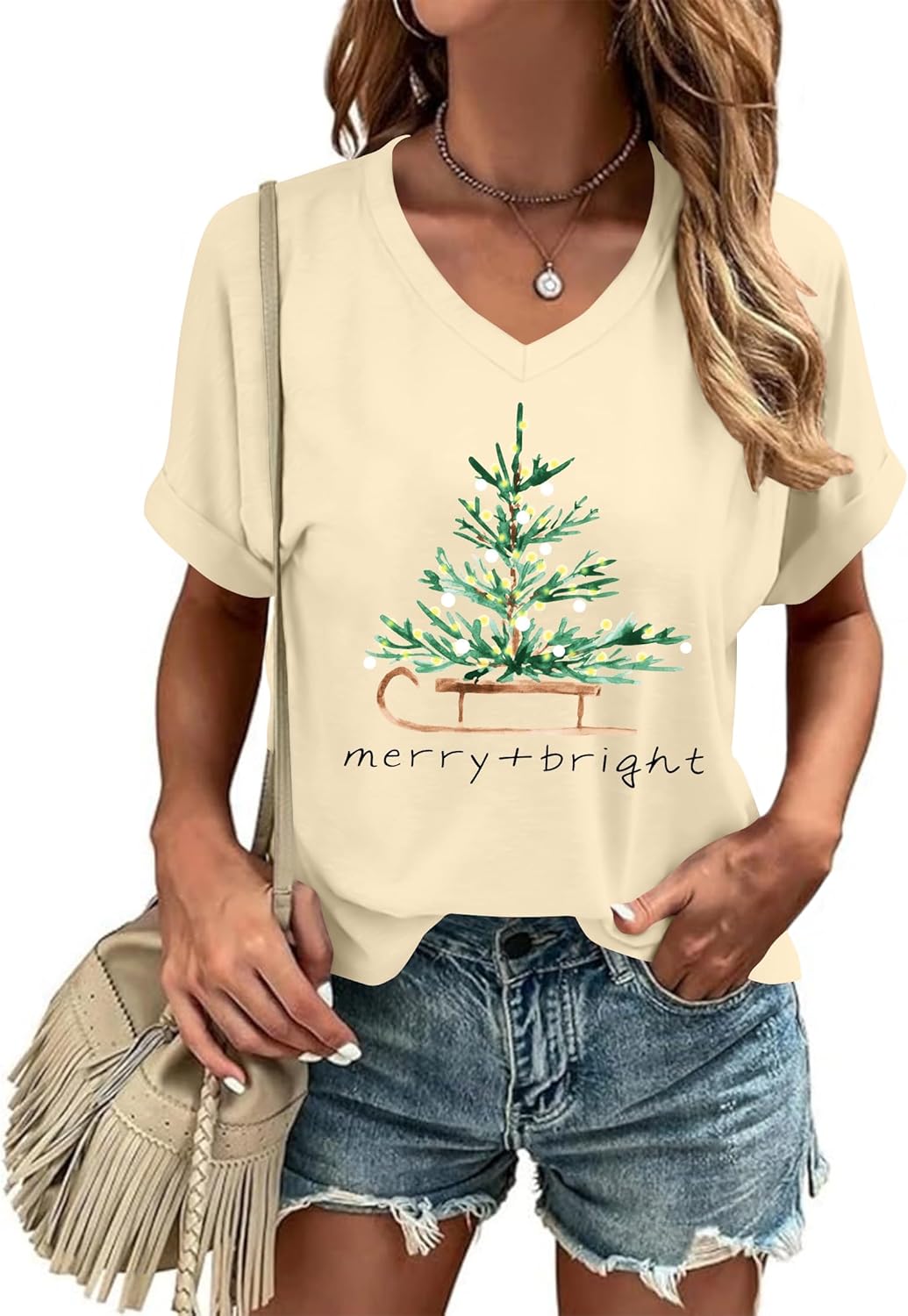 hohololo Weihnachts Tshirt Damen Christmas Shirt Merry Christmas V-Ausschnitt-T-Shirt, S