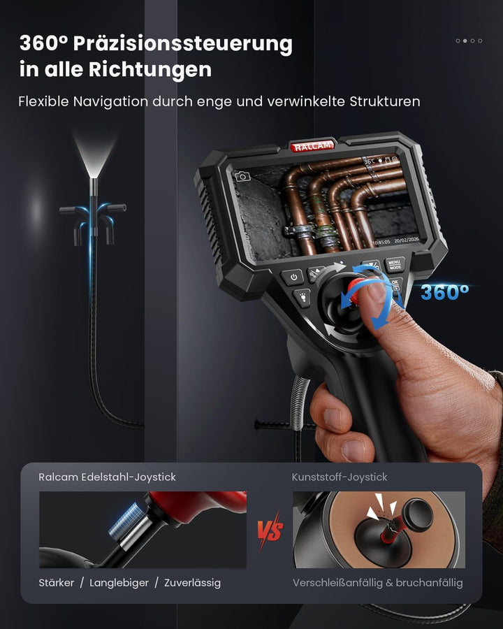 Ralcam Endoskopkamera mit Licht, Endoscope Camera mit 360° beweglichem Kopf, 6.2mm Sonde, 5" HD Bild
