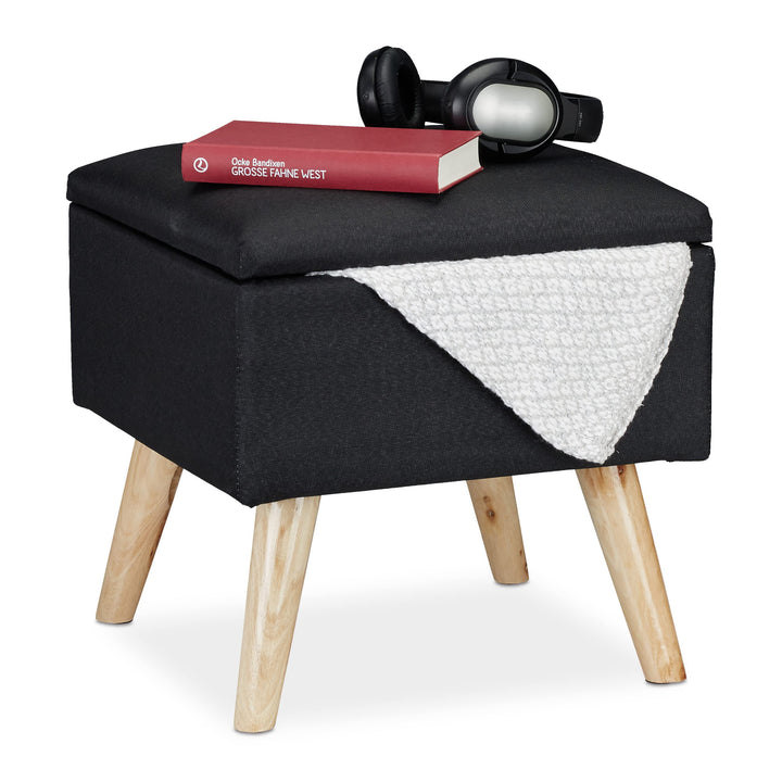 Relaxdays, schwarz Hocker mit Stauraum, Kunstleinen-Bezug, gepolstert, Holzbeine, Fusshocker mit Dec