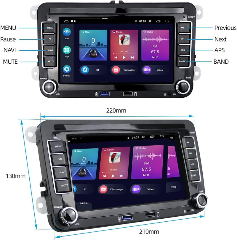 Podofo 2 Din Android 11 Autoradio für VW Golf 5 6 Polo Seat Skoda Radio mit Wireless Apple Carplay,