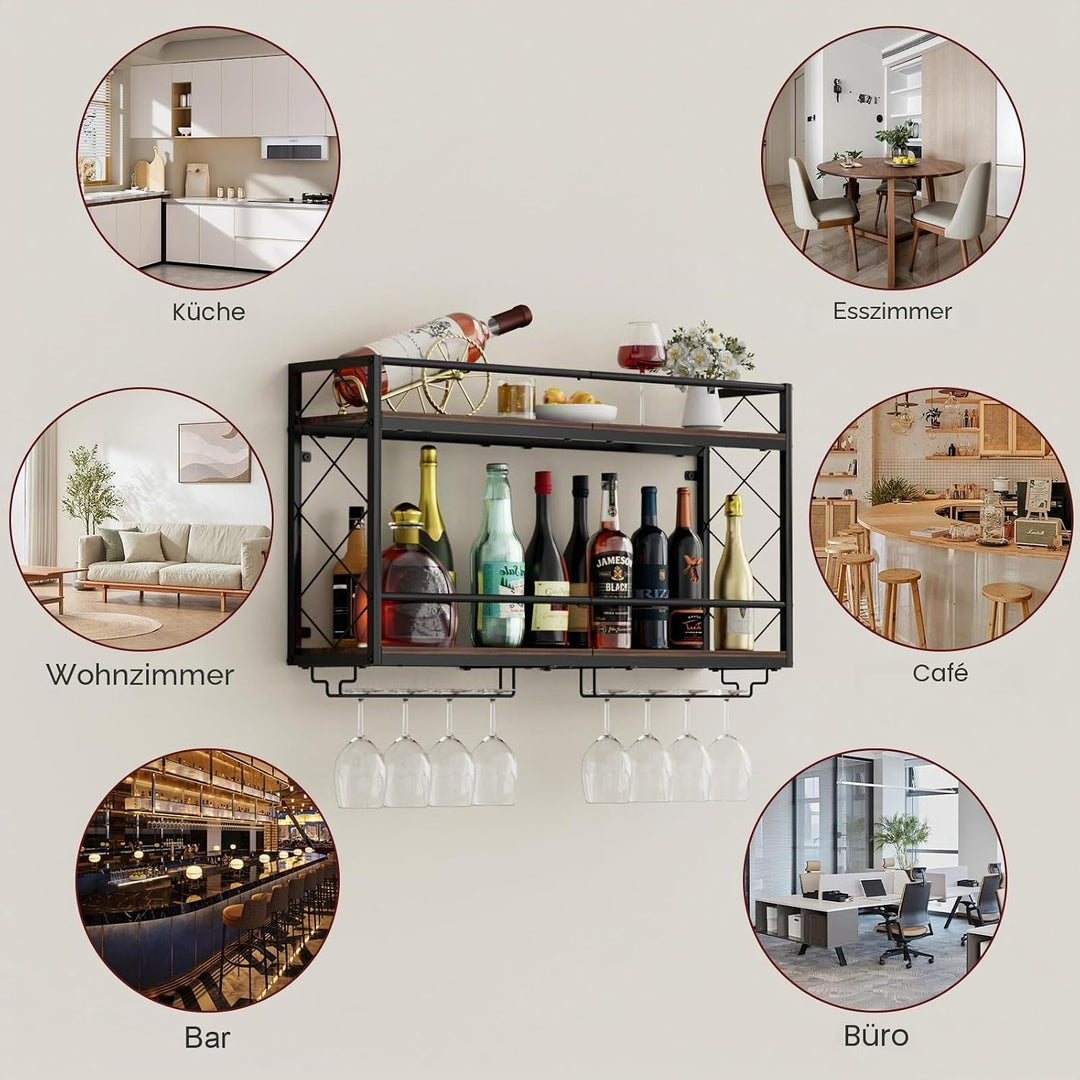 Weinregal, Wandhalterung, 2 Etagen, Wand-Weinregal mit Glashalter, Anti-Drop-Querstange, 80 cm, Meta