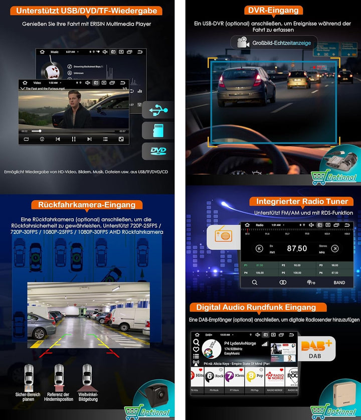 Erisin 7 Zoll 8-Kern 4GB+64GB Android 14 Autoradio GPS Navigation für Seat Leon 2013-2018 Unterstütz