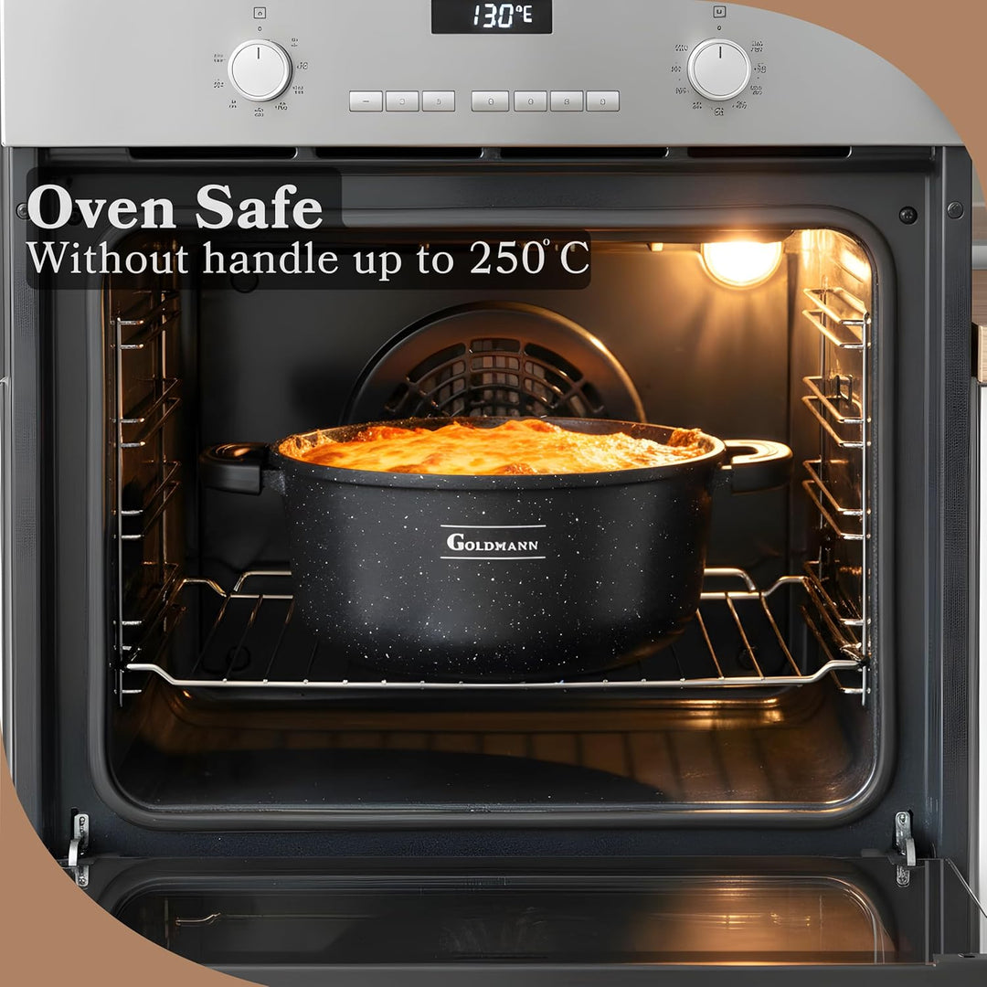 GOLDMANN Premium Gussaluminium Kochtopf 28 CM – 6.5L – Keramik-Marmor-Antihaft-Kasserolle mit Glasde