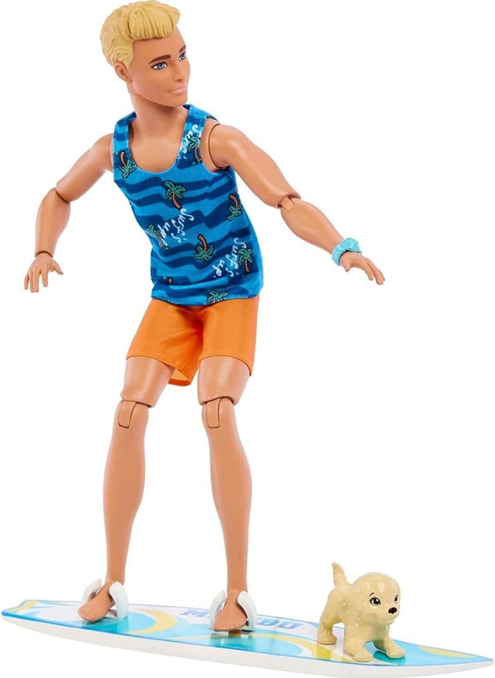 Barbie Ken Surfer Set - Bewegliche Blonde Ken-Puppe mit Surfbrett, Hündchen und Strand-Accessoires f