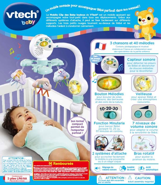 VTech - Mobilo Clip des Baby Loulous, Mobile Musical Babybett, Kinderwagen und Sitzschale, 3 Wolken