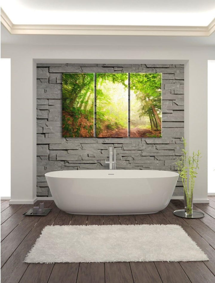Pixxprint Sonnenstrahlen Waldweg Pinsel Effekt 3-Teiler Leinwandbild 120x80 Bild auf Leinwand