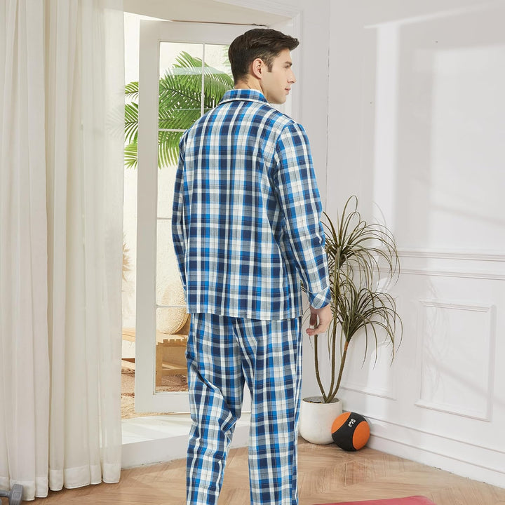 Vulcanodon Pyjama Herren 100% Baumwolle Schlafanzug lang Set kariert mit Knopfleiste weiche Nachtwäs