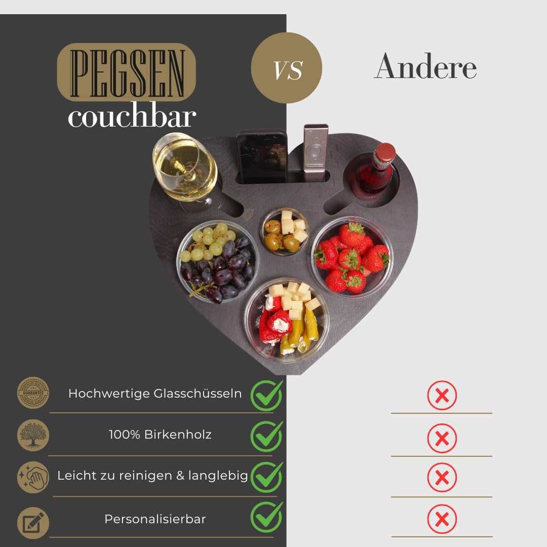 Herz Couchbar in Schwarz mit 4 Glasschalen - Sofatablett für Snacks & Getränke [stabil & sicher] Sna