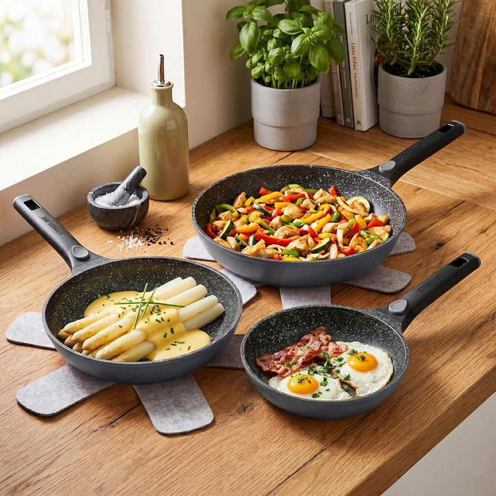 STONELINE SMART Pfannenset 6-teilig 20/24/28 cm, Pfanne Aluguss, Abnehmbarer Griff Pfannenwender Pfa