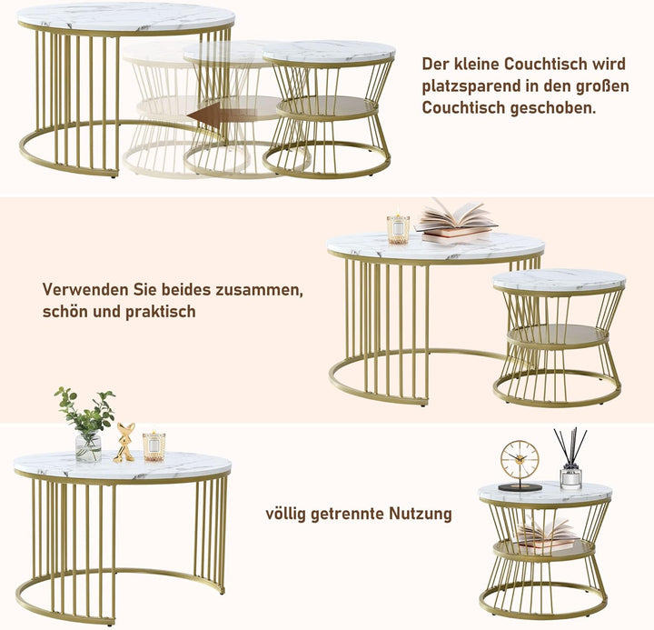 Merax Runder Couchtisch 2er Set, Moderne Beistelltisch mit Hochglanz Marmorstruktur für Wohnzimmer,