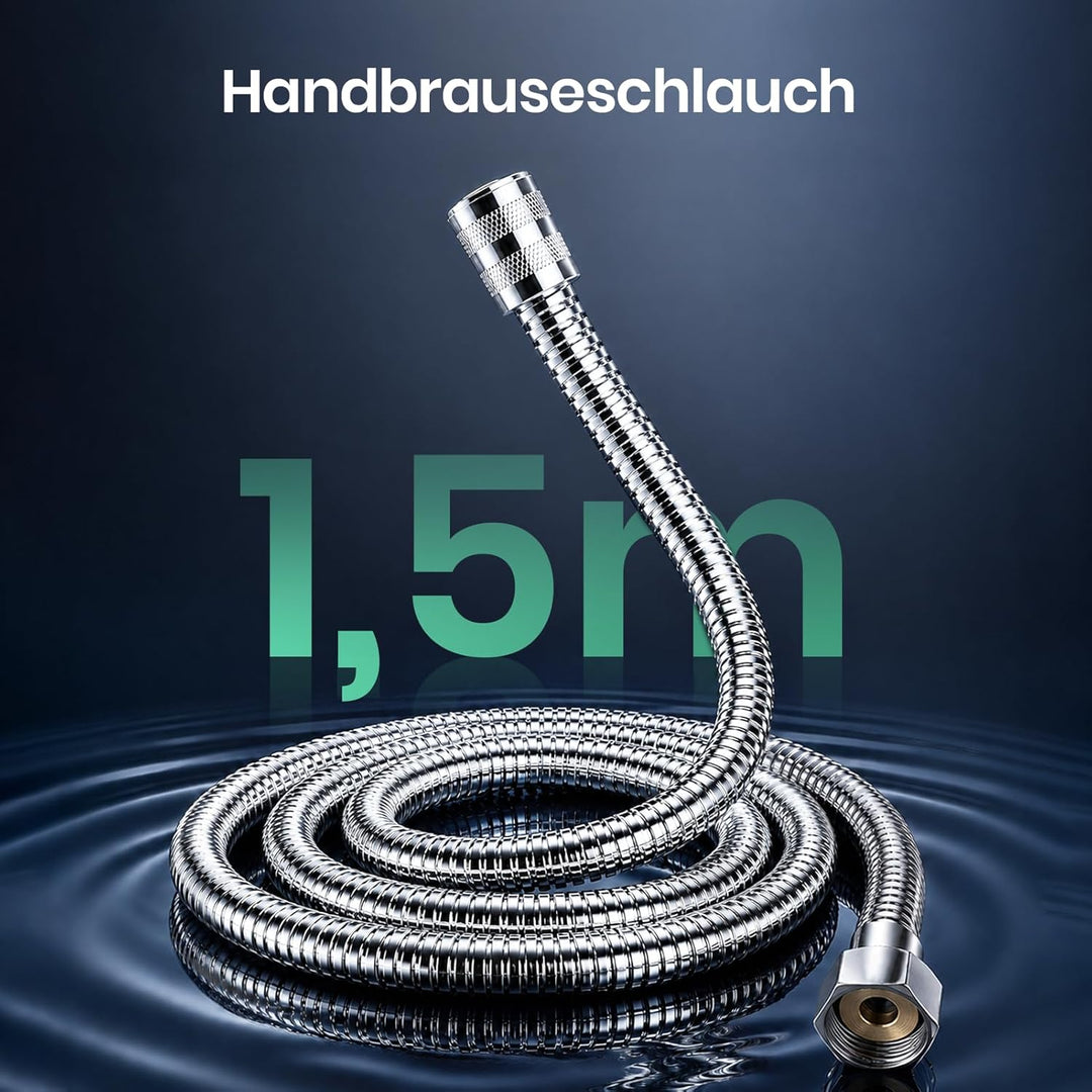 Duschkopf mit Schlauch Hartwasserfilter 1,5m Hochdruck Grosse Scheibe | Mit 5 Sprühmodi für niedrige