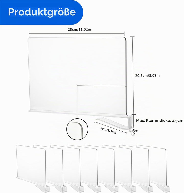 8 Stück Transparente Acryl-Regaltrenner - Multifunktionaler Shelf Divider, 30×20cm, Multifunktionale