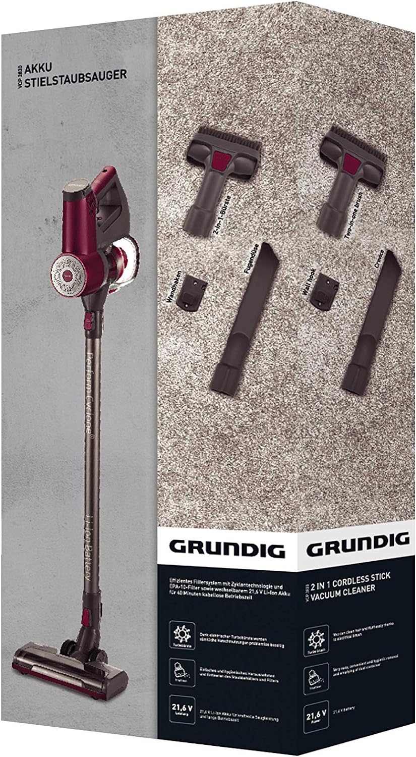 Grundig, Kabellos, VCP 3830 Stielstaubsauger mit DC Motor, 21,6 V Akku, Silber/Berry