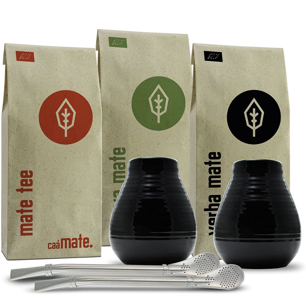 Mate Tee Set für Zwei Bio ● 2 Matebecher + 2 Bombillas + 300g Matetee + Zubereitungsanleitung (schwa