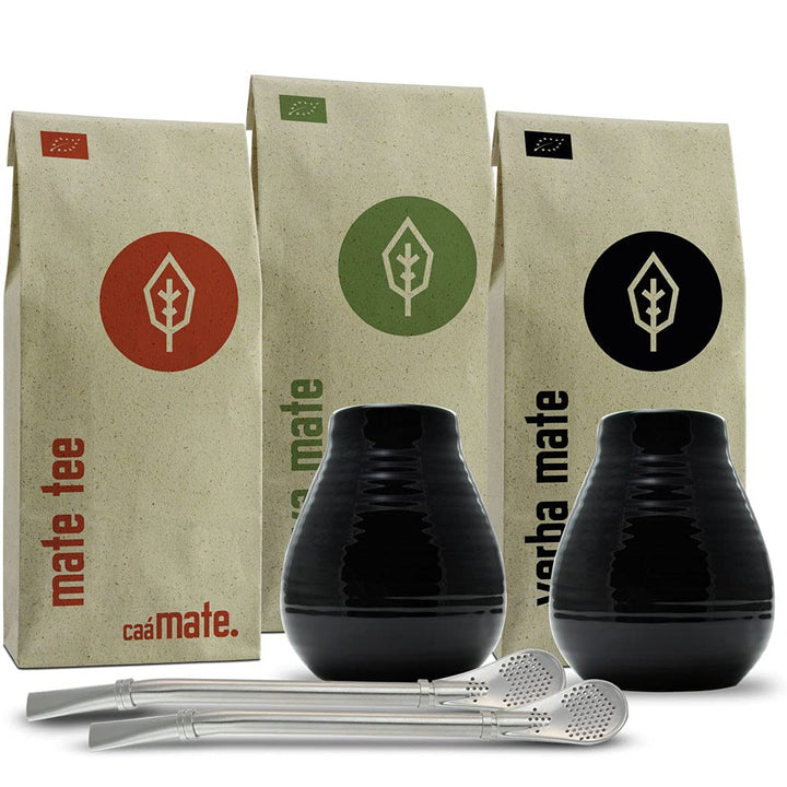 Mate Tee Set für Zwei Bio ● 2 Matebecher + 2 Bombillas + 300g Matetee + Zubereitungsanleitung (schwa