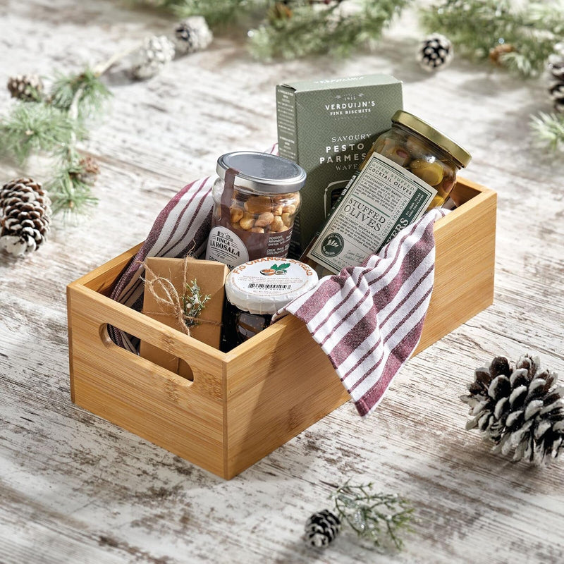 mDesign Aufbewahrungsbox für die Küche – praktische Holzbox mit integrierten Griffen – offene Ablage