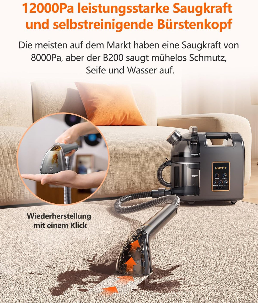 Uwant B200, Polsterreiniger Gerät, 1900W, Dampfreinigungsfunktion | Für Teppiche, Sofas, Vorhänge, K