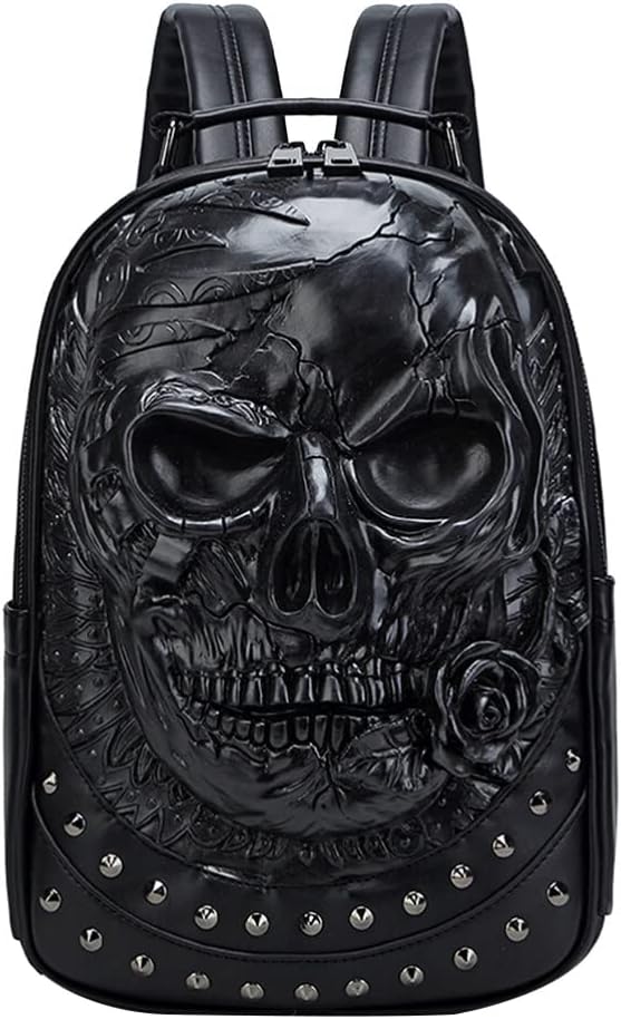 VALICLUD Schwarzes Dekor 3D-Totenkopf-Rucksack Für Herren Gothic-Rucksack Pu-Leder Horror-Rucksack N