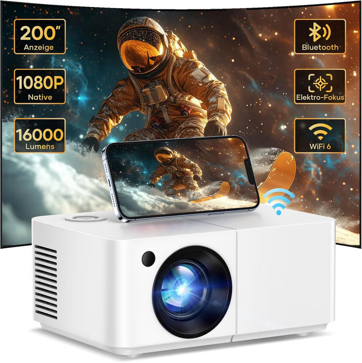 Mini Beamer Outdoor, Elektrischer Fokus 1080P FHD 300 ANSI Klein Tragbarer Beamer, 5G WiFi Bluetooth